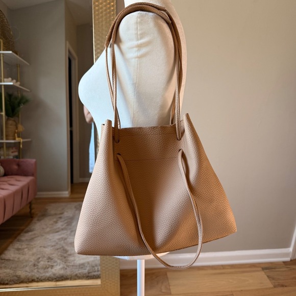 Tan Faux Leather Tote Bag, Minimalist Satchel, Lightweight Shoulder Bag - Picture 10 of 11